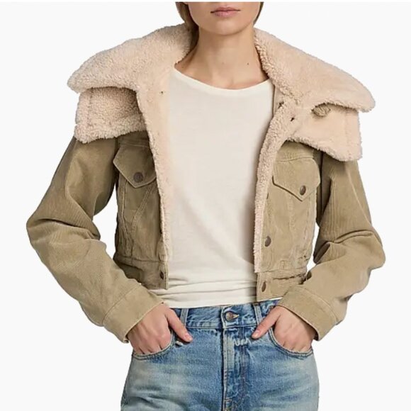 NWT R13 Crop Trucker Jacket Stone Pinwale Cord Corduroy & Faux-Sherpa - Picture 3 of 13